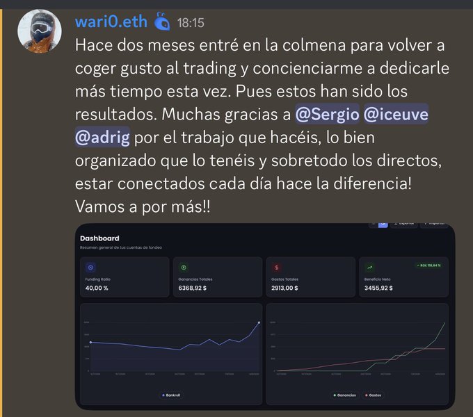 A Spanish-language Discord message from "wari0.eth" describes joining a trading community two months prior and thanks members @Sergio, @iceuve, and @adrig, accompanied by a dashboard screenshot showing metrics like "Funding Ratio 40.00%" and "Beneficio Neto 3455.92 $".