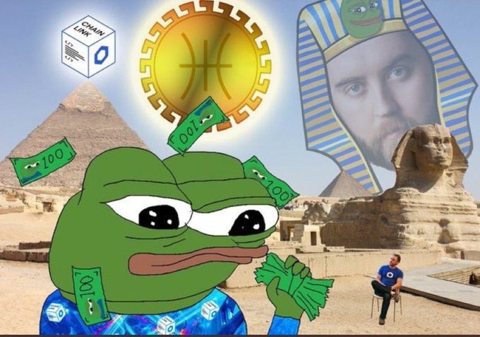 A meme featuring a sad Pepe the Frog holding cash in front of the Egyptian pyramids and Sphinx, with a pharaoh face of a man on the right, a ChainLink logo, and a Piscis zodiac symbol in the background.
