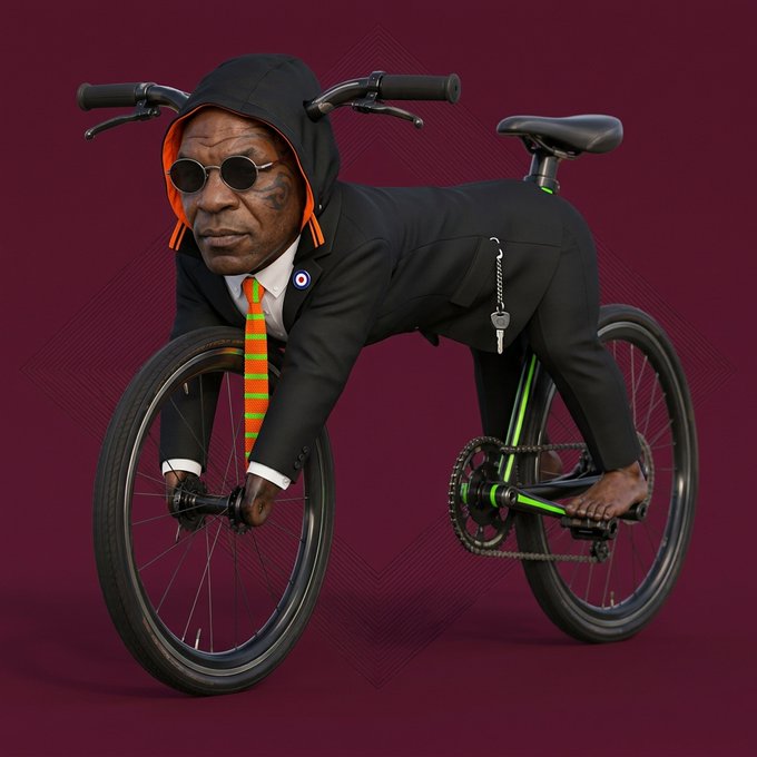 A surreal digital artwork depicts a man in a black suit with an orange tie and sunglasses riding a bicycle, with his head positioned where the front wheel would be, set against a dark red background.