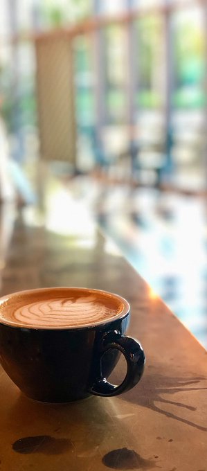 A cup of coffee with latte art sits on a wooden bar counter, with a blurred bright interior in the background.
