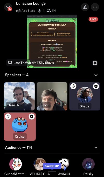 The image shows a screenshot of a phone screen displaying different chat rooms with people inside, and also some pop-up screens within those conversations. The main focus is an audio conversation involving people named Josef and shadeshade, who are interacting with others in various online groups such as "Terrariums" and "SkyMasons". The chat room they're conversing about seems to be discussing Terrariums or a related topic. There's also another message displayed at the bottom of the image that reads: 
"Want more info on Terrariums? Head over to @AxieInfinity 's discord".