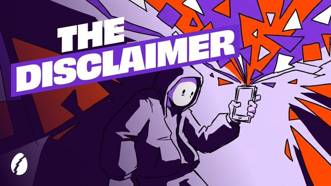 A graphic illustration reading 'THE DISCLAIMER' featuring a hooded figure holding up a phone that appears to shatter.