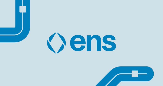 The ENS (Ethereum Name Service) logo displayed in blue on a light blue background with decorative circuit-like line graphics.
