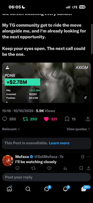 A mobile screenshot shows a social media post highlighting a successful trade of the PONS token on Axiom, with text stating "My TG community got to ride the move alongside me... Keep your eyes open. The next call could be the one," showing +1101.39% PNL and a $3.03M invested position.