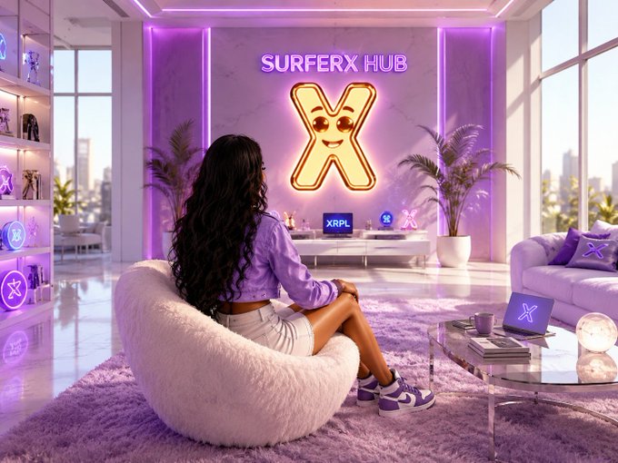 A woman sits in a plush white chair in a purple-lit futuristic lounge facing a glowing “SURFERX HUB” sign and a large “X” logo; “XRPL” is also visible.