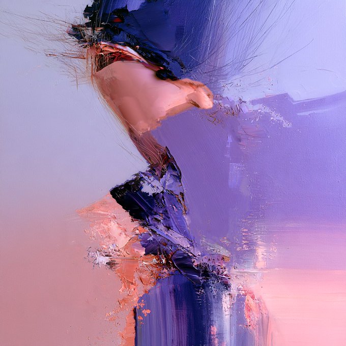Abstract painting featuring a figure rendered in expressive brushstrokes with a color palette of pink, purple, blue, and black.
