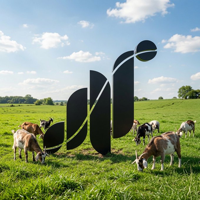 Goats graze in a green pasture surrounding a large abstract black sculpture under a blue sky with scattered clouds.