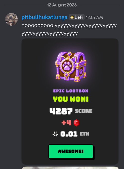 A Discord/social media post from 'pitbullhukatlunga' celebrating with 'hoooooooolyyyyyyyyyy' text above an 'EPIC LOOTBOX YOU WON!' screen showing a score of 4287, +4 gems, 0.01 ETH, and an 'AWESOME!' button, dated 12 August 2026.
