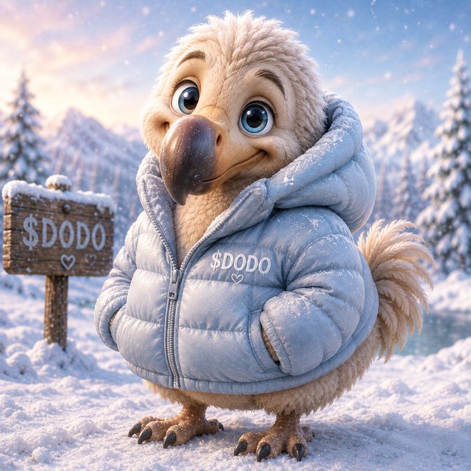 A fluffy dodo bird wearing a light blue puffer jacket emblazoned with "$DODO" stands in a snowy landscape next to a wooden sign reading "$DODO," perfectly capturing the debut of the "Winter Dodo" limited drop from the $DODO collection.