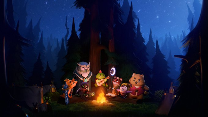 The image features a group of cartoon animals gathered around a campfire in a forest setting. There are five main characters present - an owl, a bear, a raccoon, a fox, and a rabbit. The animals appear to be enjoying their time together as they sit around the fire, with some of them reading books or engaging in conversation. The scene is set against a dark sky filled with stars, creating a cozy atmosphere for the woodland creatures.