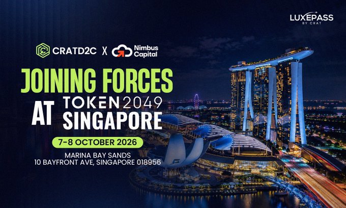 Promotional graphic for the Token2049 Singapore conference (October 7-8, 2026, at Marina Bay Sands, 10 Bayfront Ave) featuring the Singapore skyline with Marina Bay Sands and ArtScience Museum, announcing that CratD2C and Nimbus Capital are "joining forces" at the event, branded with the LUXEPASS by CBAT logo in the top right corner, aligning with the post's message about the two companies meeting 25,000+ industry builders at the conference to discuss Layer5/D1 DPoS infrastructure and real-world adoption.