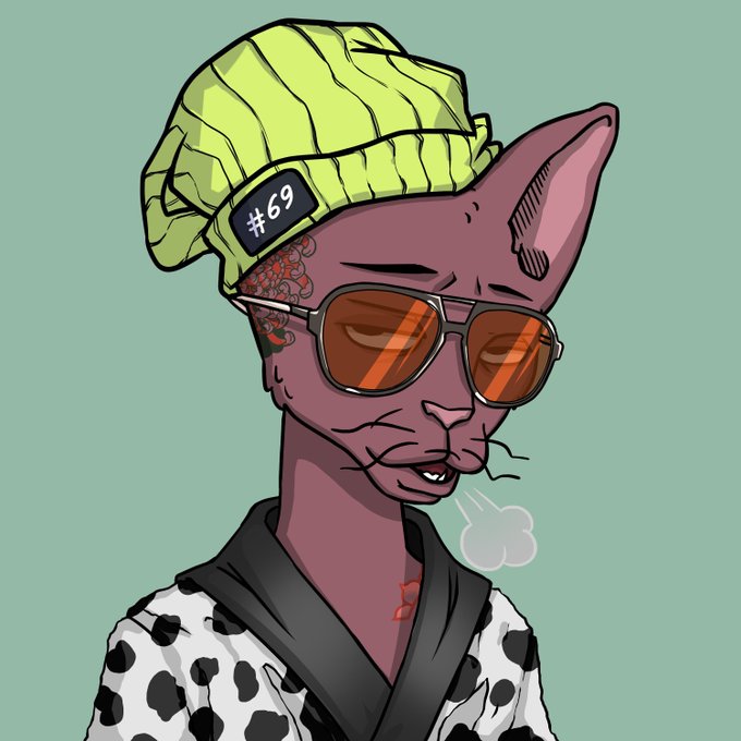 The image shows a stylized illustration of a hairless Sphynx cat wearing a lime green beanie with "#69" on a black patch, orange-tinted sunglasses, and a black-and-white dalmatian-print robe, exhaling a puff of smoke. The "#69" tag on the beanie ties into the post's "CET #2754" entry, suggesting the cat serves as a branded mascot for the "#69" collection within that lineup.