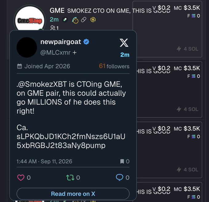 A screenshot showing a tweet from @MLCxmr (newpairgoat) with 61 followers, posted 2 minutes ago, claiming "@SmokezXBT is CTOing GME, on GME pair, this could actually go MILLIONS of he does this right!" along with a Solana contract address. The image relates to the accompanying post about refuting claims or accusations, as it shows suspicious activity from a low-follower account promoting a coin launch tied to GME and SmokezXBT.