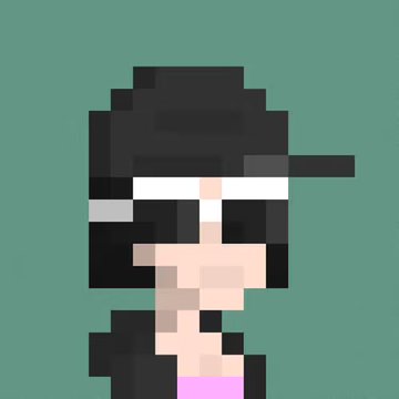 A pixel art portrait of a person with dark hair wearing a cap, white headband, and dark sunglasses against a green background.