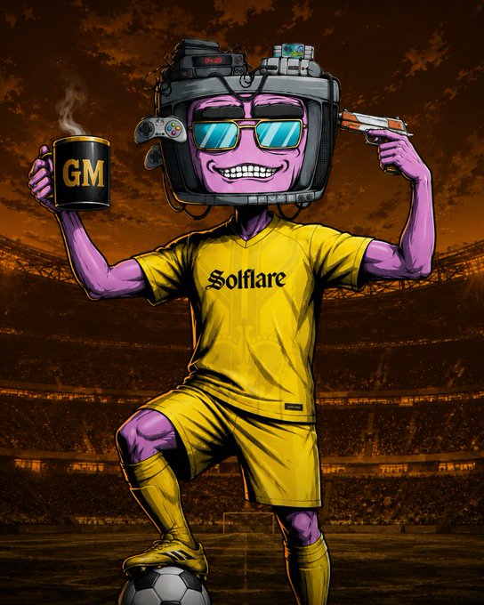 A purple cartoon soccer player wearing a "Solflare" jersey and a camera-equipped headset holds up a coffee mug labeled "GM" while pointing a pixelated gun, standing on a soccer ball in a stadium. The "GM" (good morning) mug and Solana-themed branding visually reinforce the post's friendly "GM Solana" greeting and its motivational message about progress and enjoying the journey.