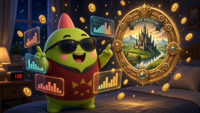 A 3D-rendered cartoon character wearing sunglasses and a red outfit with sunglasses, surrounded by floating bar chart displays and gold coins, next to an ornate frame labeled "GEM OF KINGDOM" showing a castle landscape.