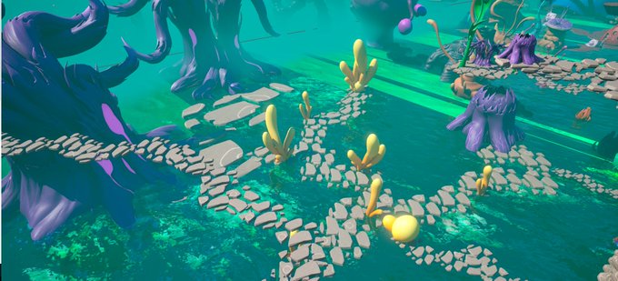 A colorful 3D-rendered fantasy landscape with turquoise water, stone pathways, yellow coral-like plants, and dark purple vegetation.