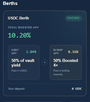 DeFi platform interface showing a USDC Berth with status 'DOCKED' and a total boosted APY of 10.20%, combining 50% vault yield (2.04% APY) and 50% boosted 4x SVSHIP rewards (8.16% APY).