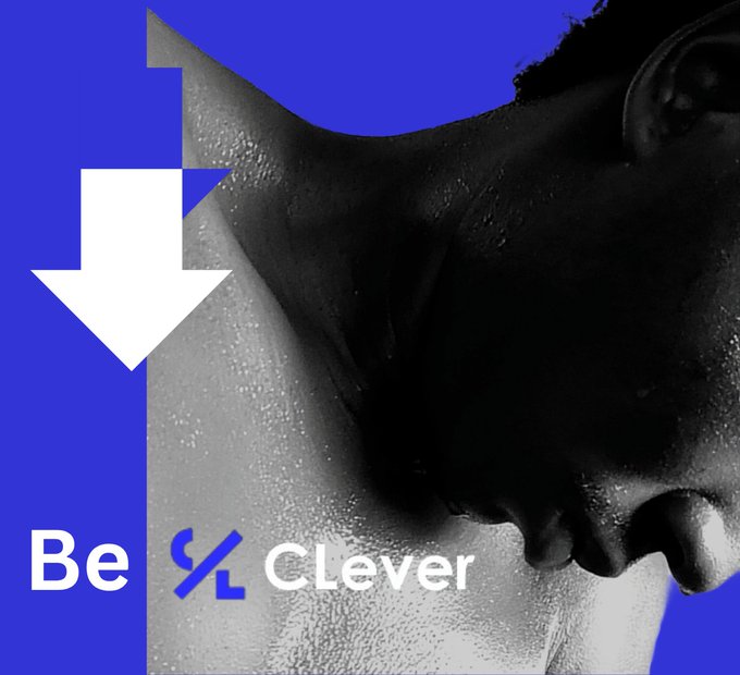 A stylized black-and-white image of a sweating person's neck with a downward arrow and the phrase 'Be Clever.'