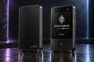 Two rugged black smartphones displayed against a dark, textured background with purple lighting, one showing an 'EXCALIBUR' boot screen.