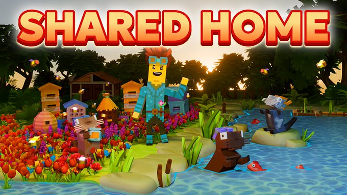 A promotional image for the video game 'SHARED HOME' featuring voxel-style characters including a man, otters, and a raccoon in a colorful natural setting.