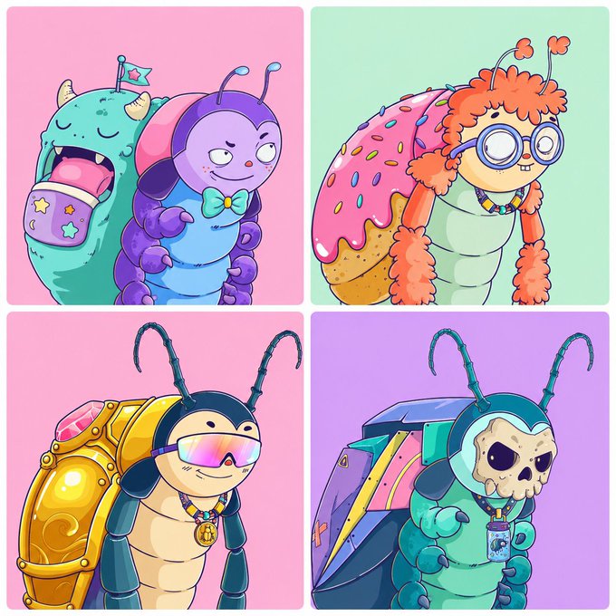 Four cute cartoon caterpillars with insect-themed accessories (monsters, donuts, glasses, sunglasses, and skulls) are displayed in colorful panels. The image appears to be a collection of digital artwork pieces associated with the mentioned wallet collectors.