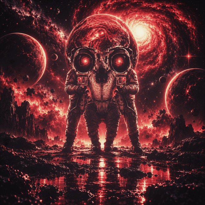 A dark sci-fi illustration of a monstrous, skull-like figure with glowing red eyes standing on a rocky, reflective alien landscape beneath a swirling red galaxy.