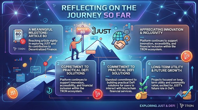 A vibrant infographic titled "Reflecting on the Journey So Far" celebrates reaching Article 80 in the JUST and TRON ecosystem, highlighting key milestones such as commitment to practical DeFi solutions, appreciation for innovation and inclusivity, and long-term utility and future growth, with mentions of JUST, TRON, and DeFi prominently displayed.