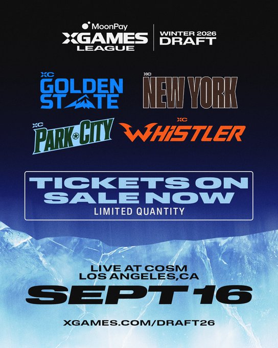 A promotional poster for the X Games League Winter 2026 Draft, presented by MoonPay, announcing that tickets are on sale (limited quantity) for the live event at COSM in Los Angeles, CA on September 16, featuring teams Golden State, New York, Park City, and Whistler, with more info at xgames.com/draft26.