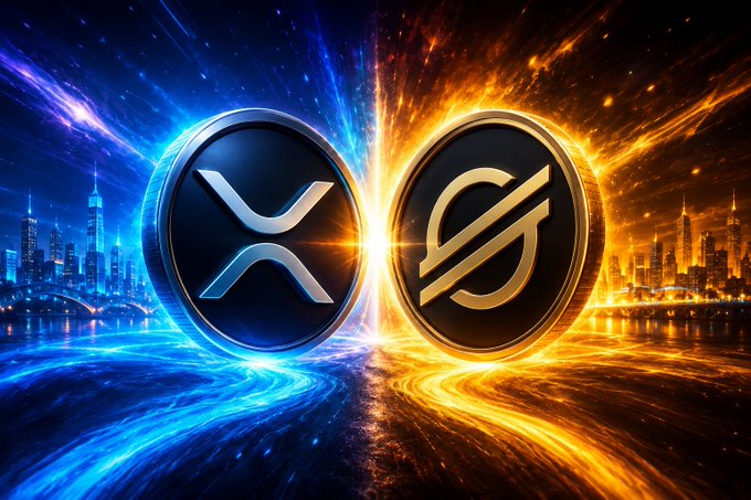 The image features two coins, one labeled "XRP" and the other "XLM", set against a futuristic cityscape backdrop with bright lights and a starry night sky. The text at the bottom of the image reads "I know this might upset some maxis, but I genuinely believe there'S room for both $XRP and XLM".