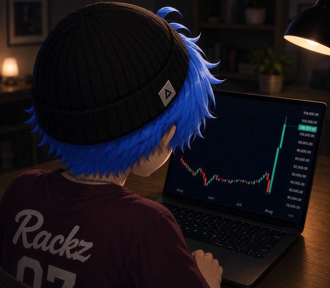 Anime-style illustration of a character with blue hair wearing a black beanie and a jersey reading "Rackz 07", viewing a candlestick stock chart with values reaching above 104,000 on a laptop screen.