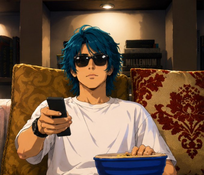 An anime-style illustration of a blue-haired young man wearing sunglasses and a white shirt, holding a smartphone and a bowl of snacks while sitting on a couch, with a book labeled "MILLENNIUM" visible in the background.