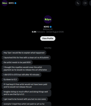 A Telegram chat screenshot from 'kiyo' (@kiyo_rh) on August 2025 with '8.9K followers', containing messages detailing an explanation of an NFT art incident and artist payment.