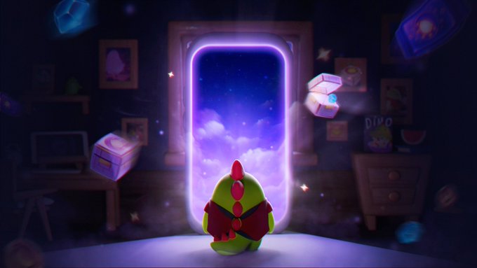 The image features a cartoon character, likely a green dinosaur or frog, standing in front of an open door with a window above it. The character appears to be looking out through the window into another room filled with various objects such as boxes, a chair, and a dining table. The scene is set against a dark background, which emphasizes the character's presence and adds depth to the image.

The post seems to be discussing the concept of Sleepagotchi, an animated character that takes on human-like qualities and engages with its surroundings in a way similar to how people interact with their environment during sleep. The character is described as being "very simple" and "very cute," which adds to its appeal for users who enjoy interacting with digital characters or games.

The image also includes the text "Focus on what is in the image and how it relates to the post", suggesting that the post may be discussing the unique features of Sleepagotchi, such as its ability to interact with its environment during sleep.