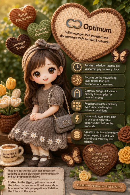 A promotional graphic for 'Optimum' featuring an animated-style girl in a crocheted dress, with text describing it as building 'next gen P2P transport and decentralized RAM for Web3 networks' and the hashtag '#Optimum #Ethereum #Web3_ETH'.