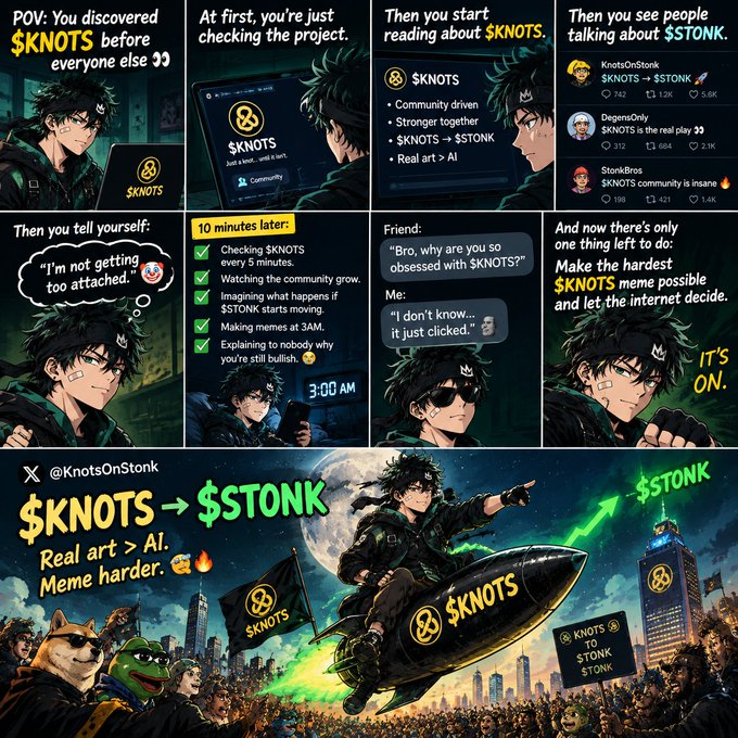 An anime-style multi-panel comic strip advertising a crypto project called '$KNOTS' transitioning to '$STONK', with the taglines 'Real art > AI' and 'Meme harder,' ending with a grand scene of the character riding a rocket.