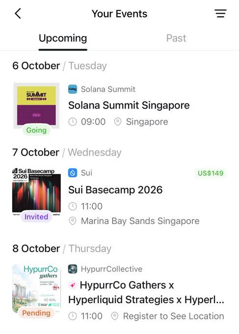 Mobile app screenshot titled "Your Events" showing upcoming crypto/blockchain events in October, including Solana Summit Singapore, Sui Basecamp 2026 (Marina Bay Sands), and HypurrCo Gathers x Hyperliquid Strategies.