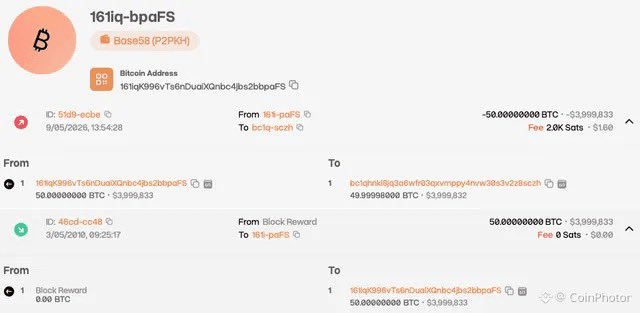 A Bitcoin transaction history screenshot showing an address '161iq-bpaFS' with a transaction of 50 BTC ($3,999,833) sent to bc1q-sczh, including a block reward of 0.806 BTC.