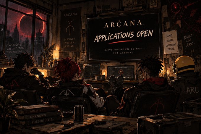 A dark, atmospheric illustration shows characters gathered around a screen displaying 'ARCANA APPLICATIONS OPEN' with text noting '4,096 UNKNOWN BEINGS. ONE ARCHIVE,' surrounded by tags reading 'SAME SIGNAL DIFFERENT PATHS' and 'DISCOVER AWAKEN EVOLVE'.