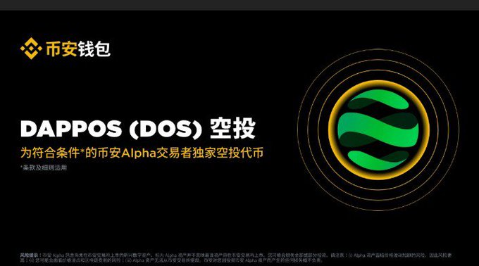 A Binance Wallet promotional graphic announcing a 'DAPPOS (DOS) 空投' (airdrop) exclusively for eligible Binance Alpha traders, with the Binance logo on the left.