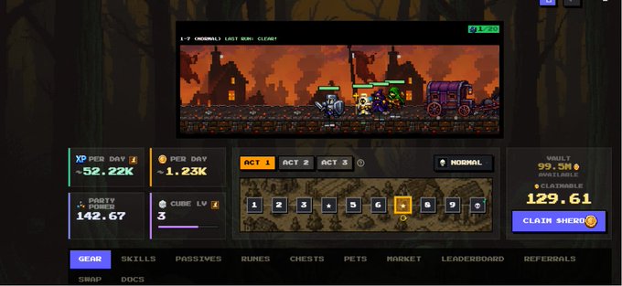 A screenshot of a 2D pixel-art action RPG game featuring a character fighting skeletons, with stats showing 52.22K XP/day, party power 142.67, vault balance of 99.9M and 129.61 claimable.