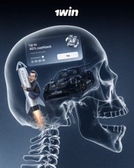 A promotional graphic for '1win' features a skull with an x-ray skull image inside, showing a 45% cashback offer of up to 65% with a small character figure.