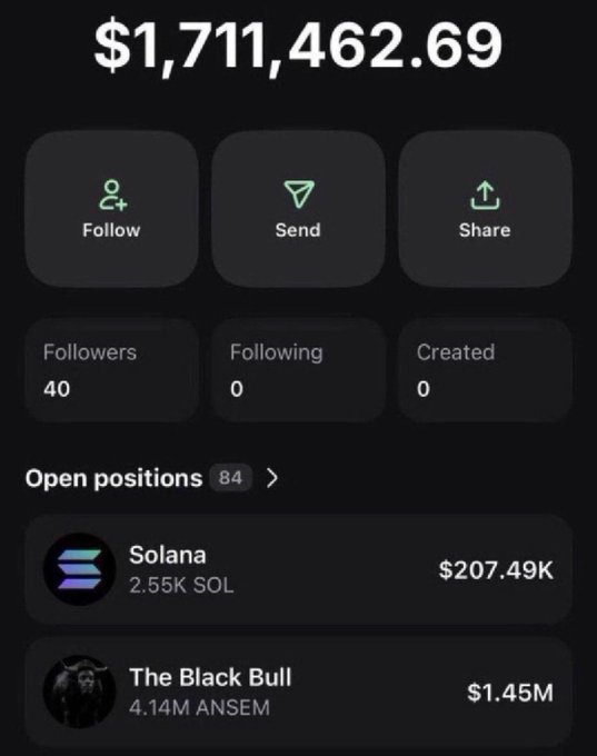 A screenshot of a cryptocurrency portfolio dashboard displays a total balance of $1,711,462.69, with 84 open positions including $207.49K in Solana (2.55K SOL) and $1.45M in The Black Bull (4.14M ANSEM). The image relates to the accompanying post as a giveaway promotion, where the user is offering to drop SOL to followers who like, retweet, and follow their account, showcasing their substantial holdings as proof of their success in the crypto space.