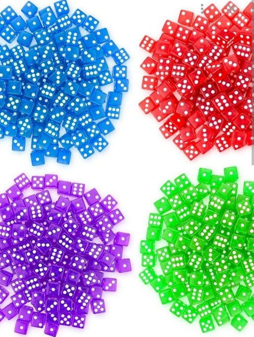Four piles of small six-sided dice in blue, red, purple, and green colors.