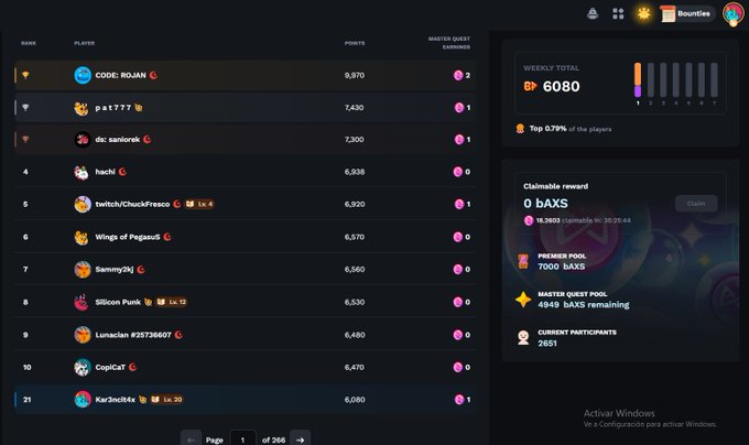 A gaming leaderboard screenshot showing player rankings with 'CODE: ROJAN' at #1 with 9,970 points, displaying weekly totals of 6,080 BAXS, a claimable 0 BAXS reward, and Bounties branding.