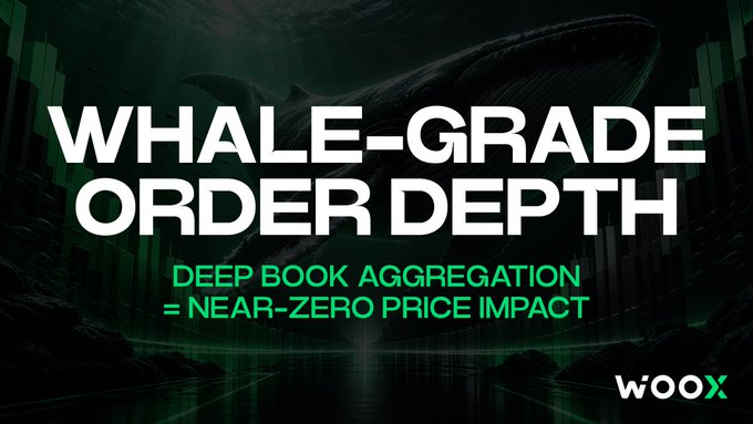 An advertisement graphic with a dark green background featuring a whale silhouette and the text 'WHALE-GRADE ORDER DEPTH' and 'DEEP BOOK AGGREGATION = NEAR-ZERO PRICE IMPACT', branded with 'WOOX'.