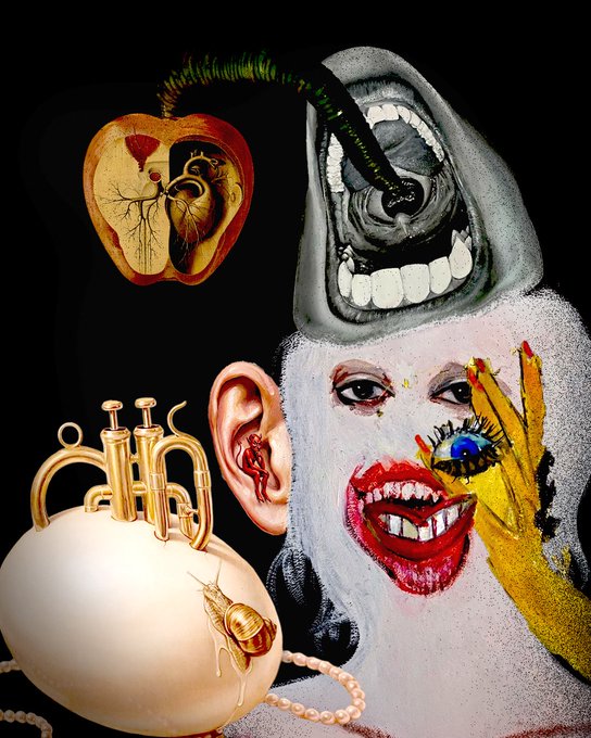 A surreal, dark collage artwork combining anatomical illustrations (a heart with an apple stem, an ear, a trumpet emerging from an egg) with a screaming distorted face and a smiling face with a hand over one eye.