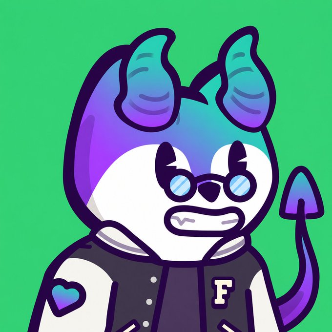A cartoon mascot illustration features a blue and purple horned character wearing a varsity jacket with an 'F' patch against a bright green backdrop.