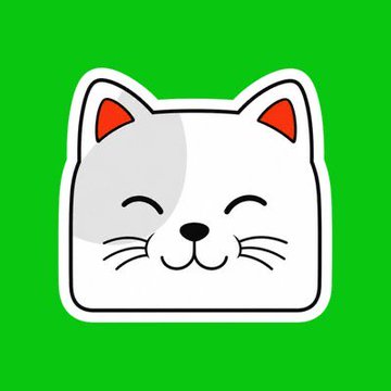 A cartoon sticker-style icon of a smiling white cat face with orange ears on a bright green background.