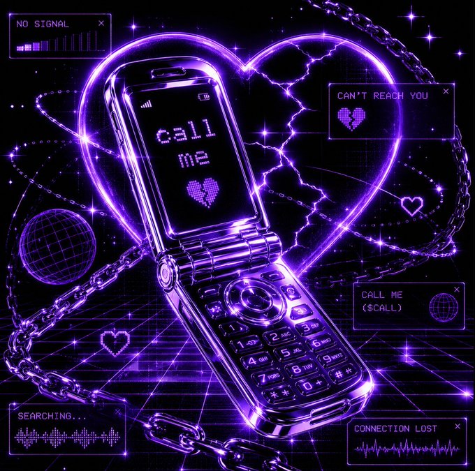 A purple neon cyberpunk-style digital artwork featuring a flip phone displaying 'call me' with a broken heart, surrounded by chains and text boxes reading 'NO SIGNAL', 'CAN'T REACH YOU', 'CALL ME ($CALL)', 'SEARCHING...', and 'CONNECTION LOST'.